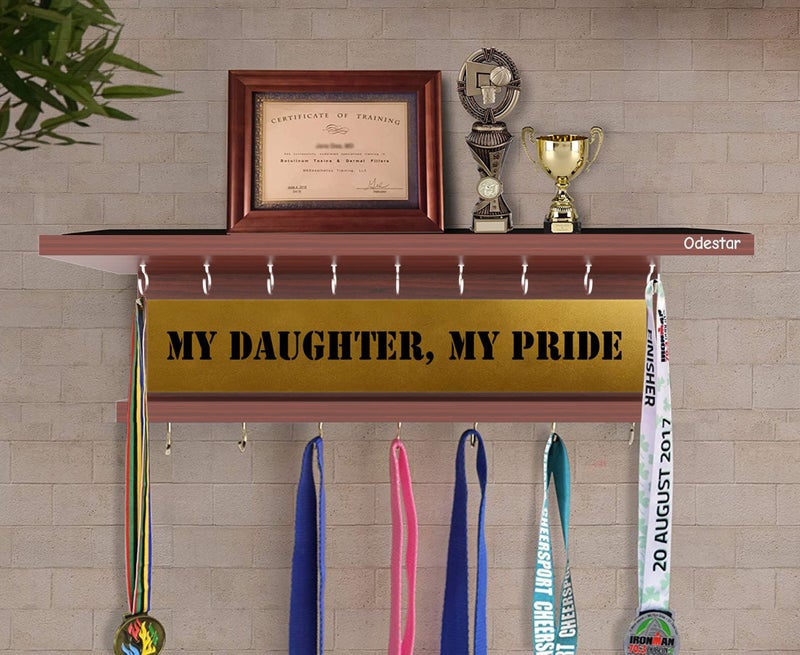Odestar, Display Medal Hanger, Premier Award Medal Display Rack and Trophy Shelf Large (Size 45 x 15 x 8 Centimeters) Classic Walnut - Image 1