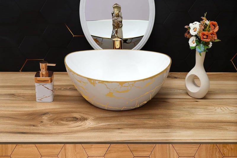 ACRAVIT CERAMIC Designer Table Top Ceramic Wash Basin Vessel Sink with Slim Rim Collapsible Countertop Basin OverCounter Bathroom Sink White Golden 415 X 343 X 168 MM - Image 2