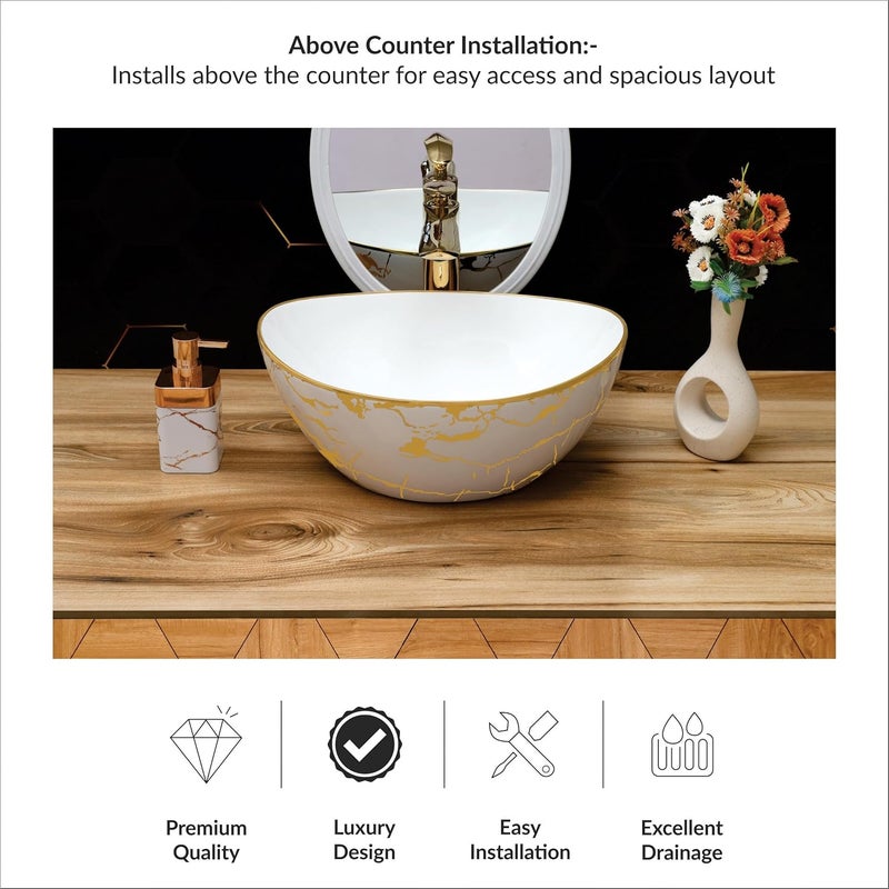 ACRAVIT CERAMIC Designer Table Top Ceramic Wash Basin Vessel Sink with Slim Rim Collapsible Countertop Basin OverCounter Bathroom Sink White Golden 415 X 343 X 168 MM - Image 4