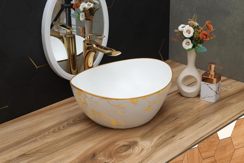 ACRAVIT CERAMIC Designer Table Top Ceramic Wash Basin Vessel Sink with Slim Rim Collapsible Countertop Basin OverCounter Bathroom Sink White Golden 415 X 343 X 168 MM - Image 1