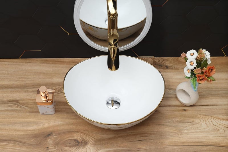ACRAVIT CERAMIC Designer Table Top Ceramic Wash Basin Vessel Sink with Slim Rim Collapsible Countertop Basin OverCounter Bathroom Sink White Golden 415 X 343 X 168 MM - Image 3