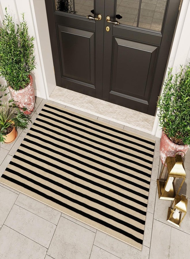OJIA Washable Outdoor Rug 3'x5', Black and Tan Striped Outdoor Porch Rug Entryway Rugs Indoor Fall Front Door Mat Outside Entrance Cotton Floor Carpet for Entry/Patio/Bedroom/Living Room - Image 5