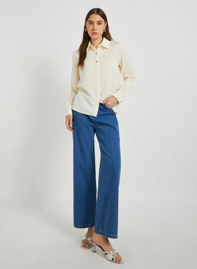 تايك تو Take Two Solid Long Sleeve Spread Collar Shirt