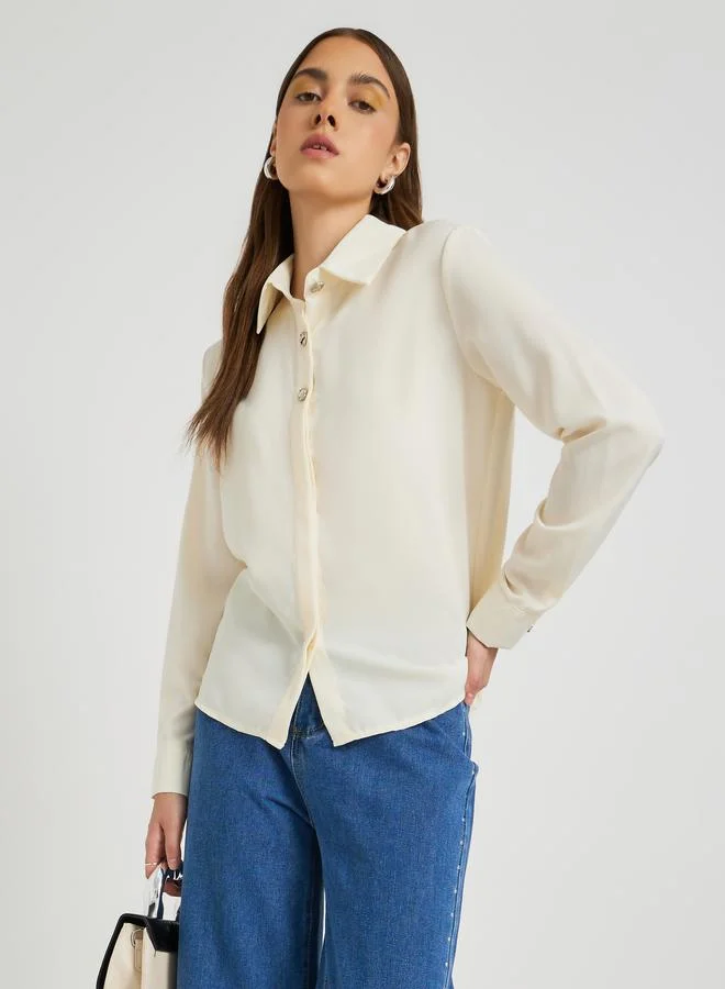 تايك تو قميص بأزرار وأكمام طويلة بلون سادة