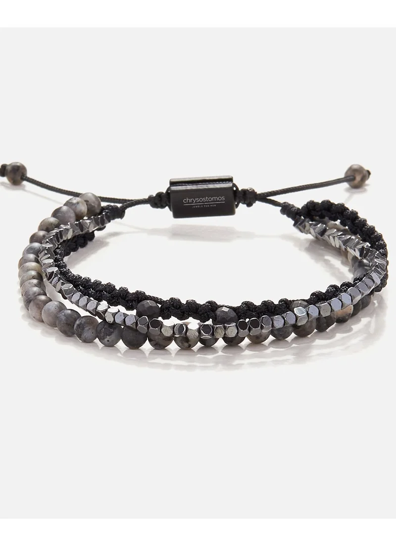 CHRYSOSTOMOS Handmade Adjustable Beaded Bracelet for Men with Multi-Line Matte Larvikite & Polygonal Hematite