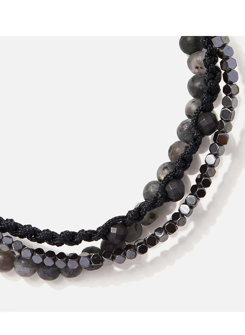 كريسوستوموس Handmade Adjustable Beaded Bracelet for Men with Multi-Line Matte Larvikite & Polygonal Hematite