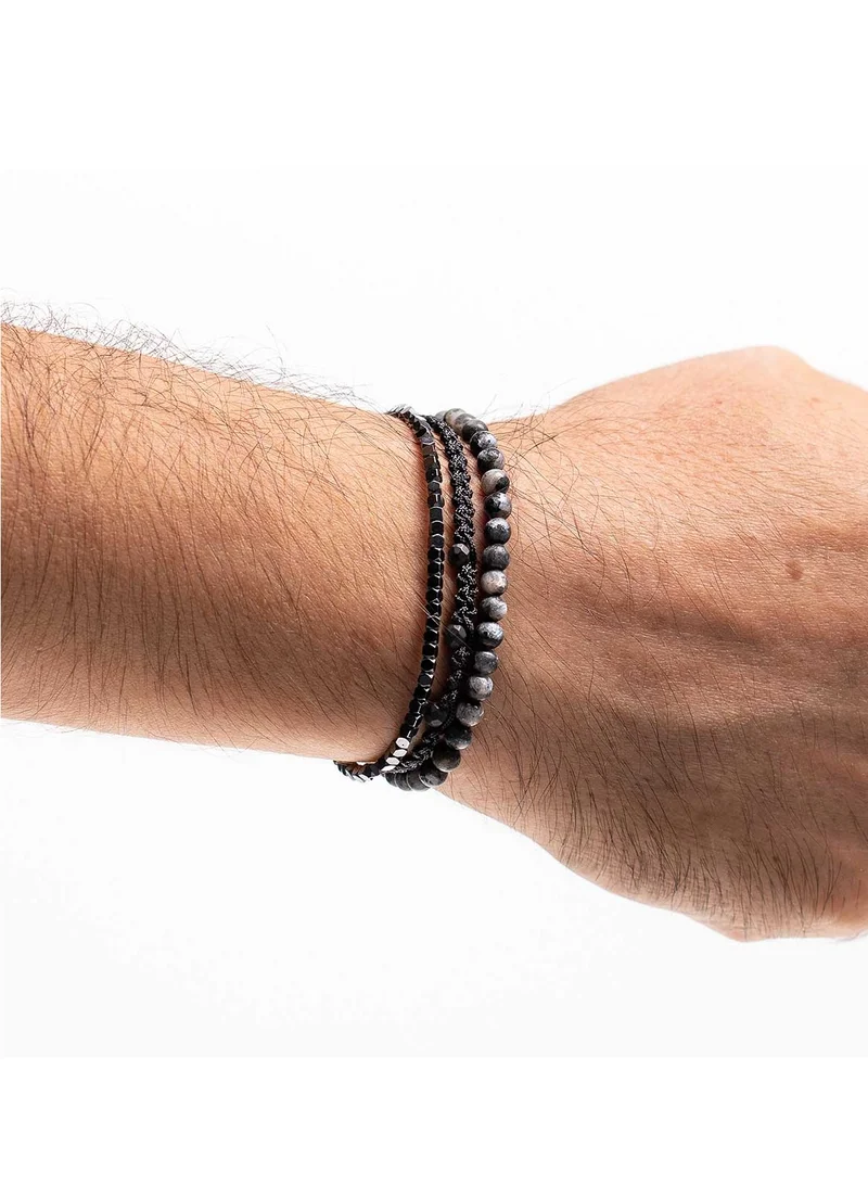 CHRYSOSTOMOS Handmade Adjustable Beaded Bracelet for Men with Multi-Line Matte Larvikite and Polygonal Hematite