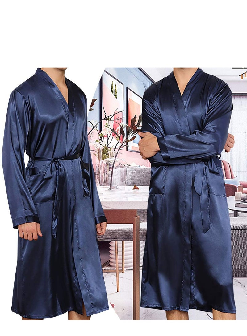 MARGOUN Men's Dressing Gown Kimono Robe Lightweight Silk Long Sleeved Home Sleepwear Loungewear Blue Small (Length 44''/Chest 22'') - Image 1