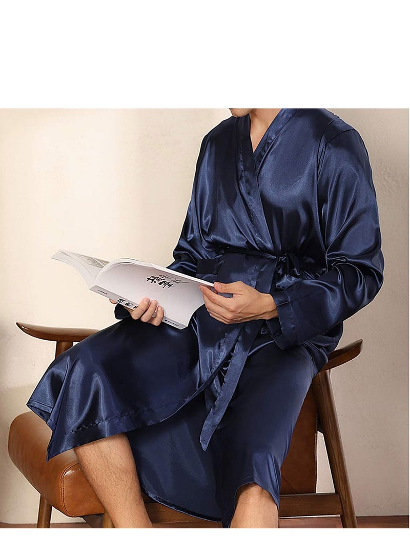 MARGOUN Men's Dressing Gown Kimono Robe Lightweight Silk Long Sleeved Home Sleepwear Loungewear Blue Small (Length 44''/Chest 22'') - Image 4