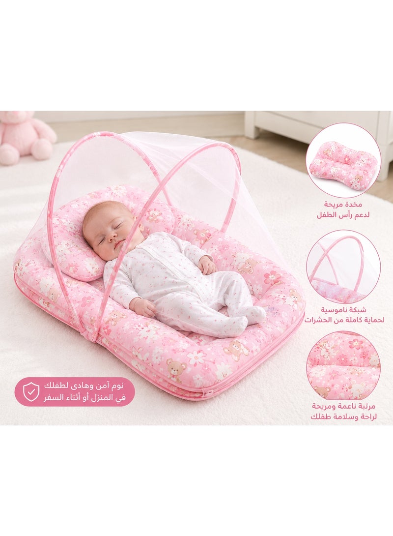 Multi Color Baby Mosquito Net Mattress - Girl Friendly Colors And Patterns - Portable Baby Bed With Mosquito Net And Pillow - Image 1