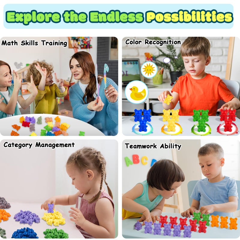XINHUIDALSQ Rainbow Counting Bears Set of 60, 6 Colors Sorting Teddy Plastic Bears Math Manipulatives for Toddlers, 1 Inch Bear Conters Ages 3+ Kids - Image 4