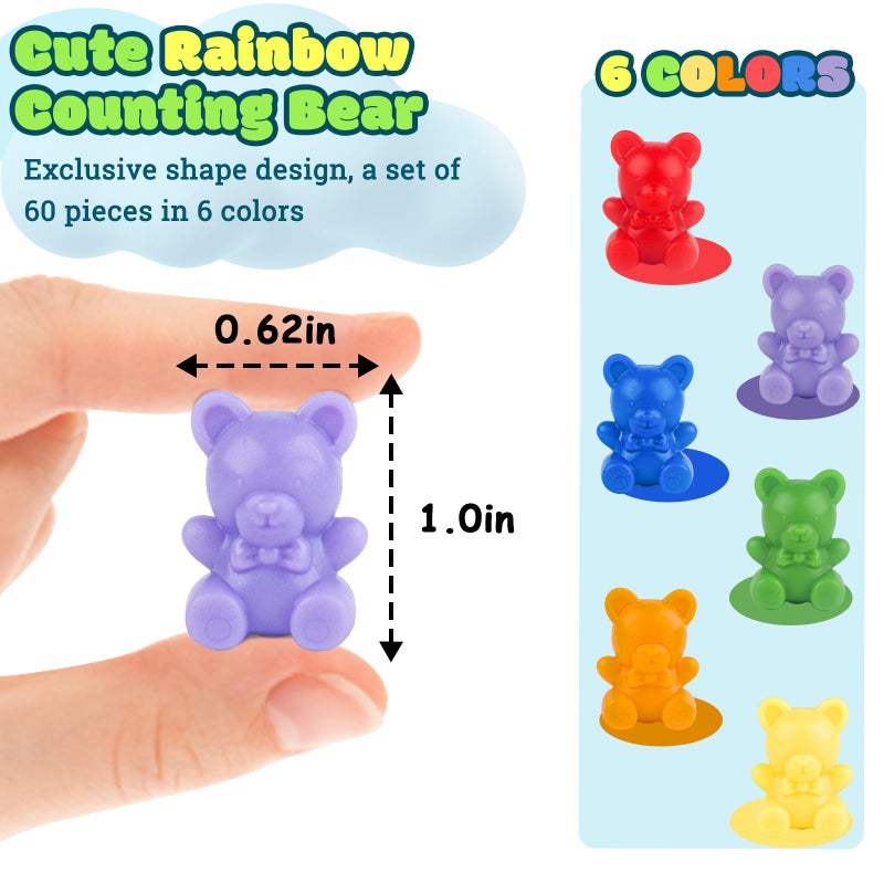 XINHUIDALSQ Rainbow Counting Bears Set of 60, 6 Colors Sorting Teddy Plastic Bears Math Manipulatives for Toddlers, 1 Inch Bear Conters Ages 3+ Kids - Image 2