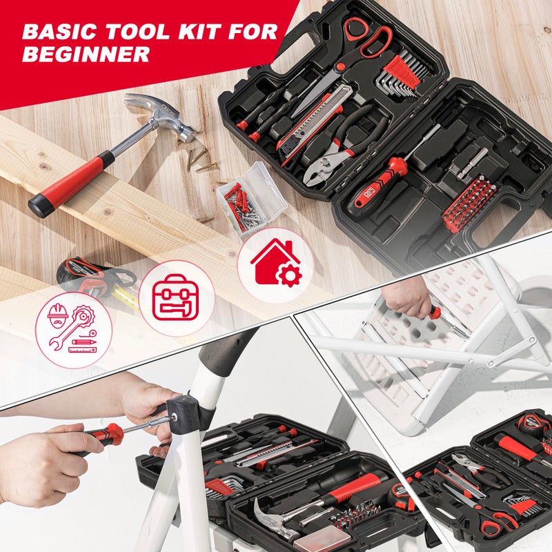 Prostormer 93-Piece Tool Kit, Basic Household Repair Tool Set with Toolbox Storage Case, Small Starter Tool Box Kit for Homeowners and College Students (Red) - Image 5