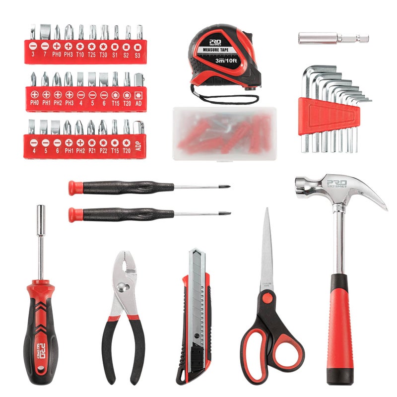 Prostormer 93-Piece Tool Kit, Basic Household Repair Tool Set with Toolbox Storage Case, Small Starter Tool Box Kit for Homeowners and College Students (Red) - Image 2