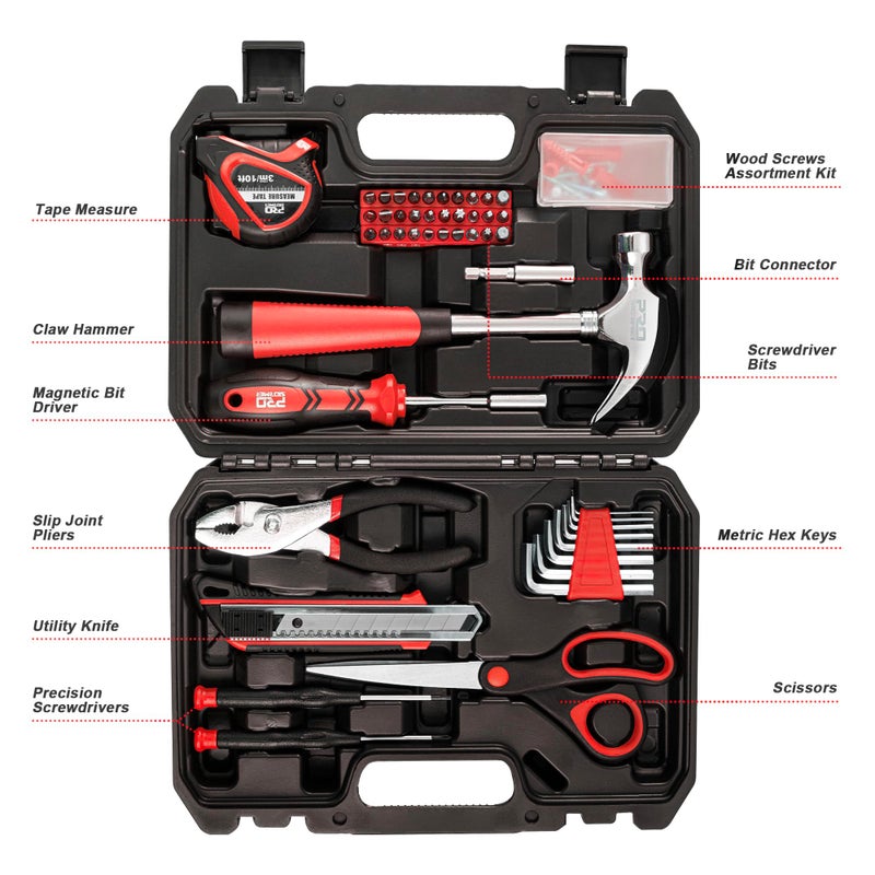 Prostormer 93-Piece Tool Kit, Basic Household Repair Tool Set with Toolbox Storage Case, Small Starter Tool Box Kit for Homeowners and College Students (Red) - Image 3