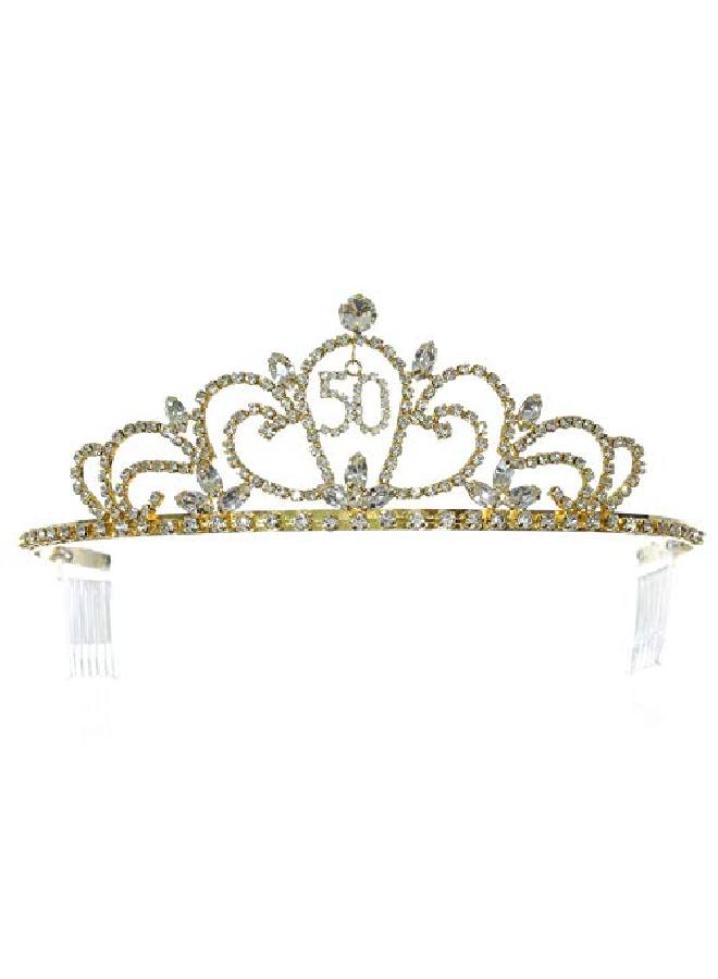SAMKY Gold Birthday Party Rhinestone Crystal Tiara Crown 50Th Fifty Fiftieth T1318 - Image 1