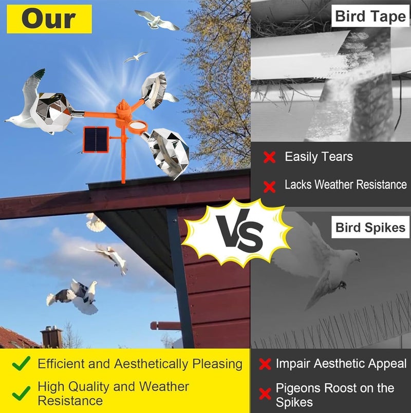 HOGOOD Reflect-a-Bird Deterrent with Solar Voice Scarer,Flash Bird Repellent Rhombic Polygon Reflect Bird Deterrent 360° Wind Driven Flash Bird Repellent Anti Bird Defender Bird Spinning Reflector for Garden - Image 5