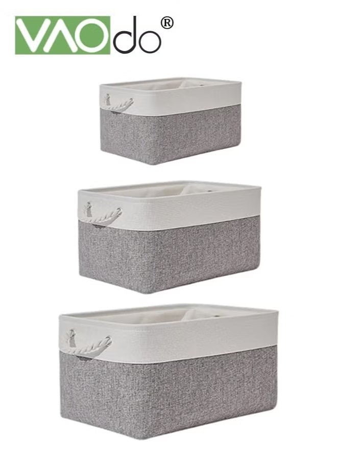 VAOdo 3PCS Foldable Storage Boxes with Handles, Rectangular Decorative Linen Storage Basket Household Clothing Sundries Storage for Organizing Clothes Toys Books Grey - Image 2