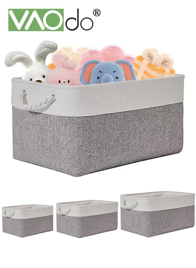 VAOdo 3PCS Foldable Storage Boxes with Handles, Rectangular Decorative Linen Storage Basket Household Clothing Sundries Storage for Organizing Clothes Toys Books Grey - Image 1