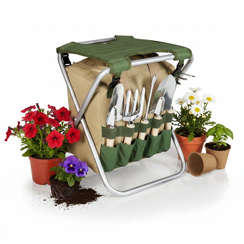 PICNIC TIME ONIVA - a Picnic Time brand Gardener Folding Seat With Tools, Garden Stool With Detachable Storage Tote Bag, Portable Chair Seat With Garden Tools Set Organizer, (Olive Green With Beige Accents) - Image 3