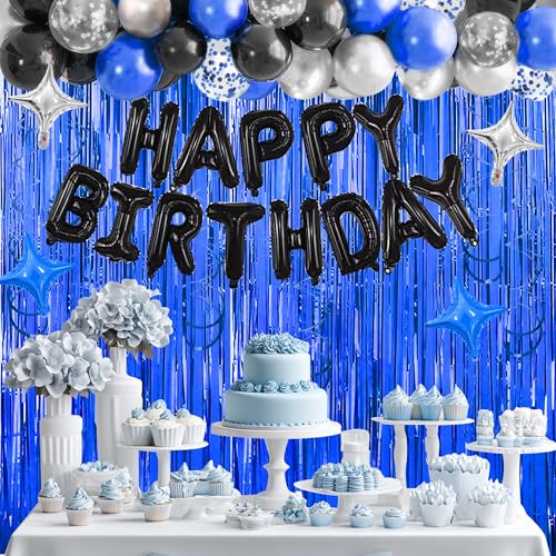 SPFYunion 92 PCS Black and Blue Happy Birthday Decorations Balloons Fringe Curtains Vortex for Boys Men Girls Women 16th 18th 20th 21st 25th 30th 40th 50th 60th Birthday Party Decorations - Image 1