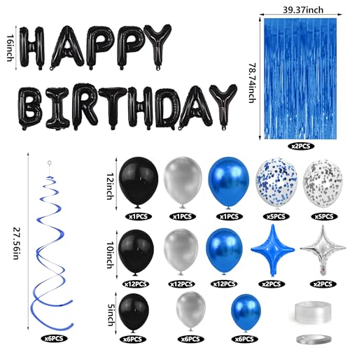 SPFYunion 92 PCS Black and Blue Happy Birthday Decorations Balloons Fringe Curtains Vortex for Boys Men Girls Women 16th 18th 20th 21st 25th 30th 40th 50th 60th Birthday Party Decorations - Image 5