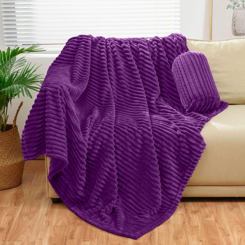 Bnuitland Bnuitland Dark Purple Flannel Throw (50X70 inches) with Storage Pouch 300GSM Super Soft Fleece Stripe Pattern Sofa Blanket for Adults and Kids  Lightweight Cozy Bed Throw for Home Decor All Season  - Image 1