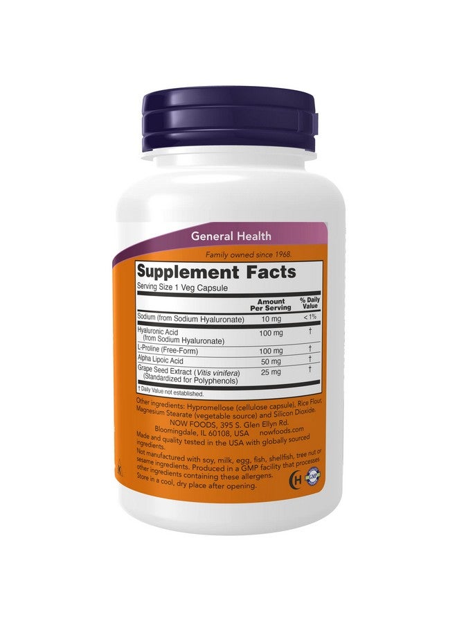 now Supplements Hyaluronic Acid 100 Mg Double Strength With L Proline Alpha Lipoic Acid And Grape Seed Extract 120 Veg Capsules - Image 3