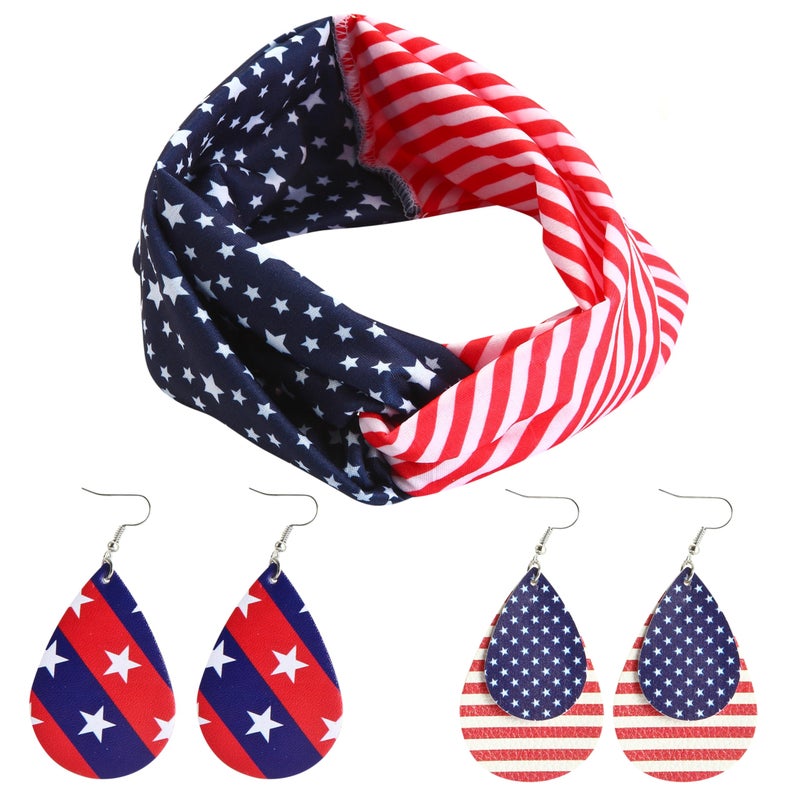 JOYIN 5 Pcs Patriotic Accessories of a US American Flag Headband, 4 Leather Earrings for 4th of July Celebration, Independence Day Themed Party Dress-up - Image 1