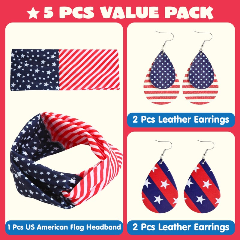 JOYIN 5 Pcs Patriotic Accessories of a US American Flag Headband, 4 Leather Earrings for 4th of July Celebration, Independence Day Themed Party Dress-up - Image 3
