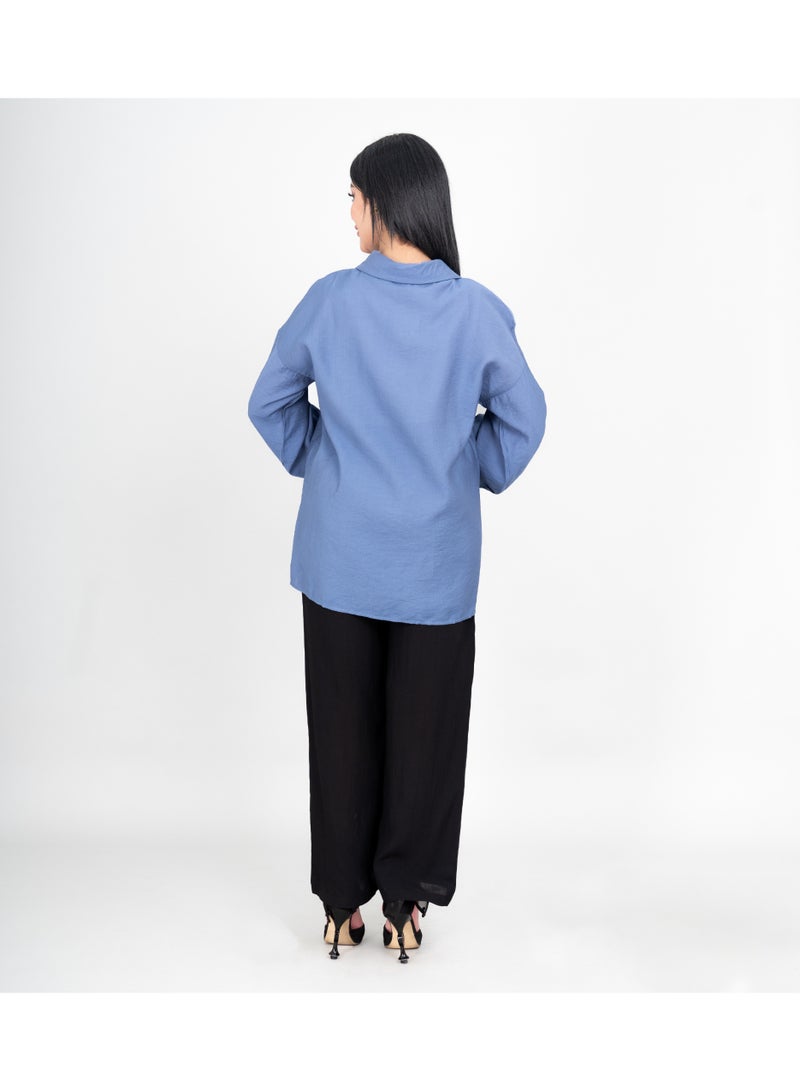 اكسا طقم عصري قطعتين قميص وبنطلون بتفاصيل تطريز أزرق - Image 4