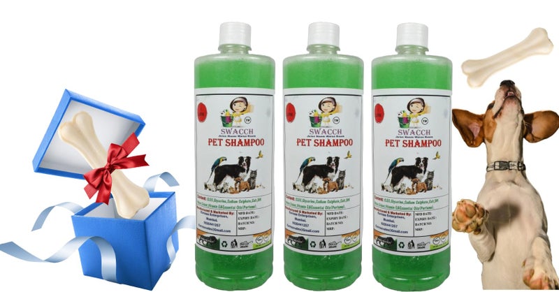 swacch Shampoo | Puppy Safe Shampoo | Pet Shampoo (1 Litre) (Pack of 3) Neem Alovera + Large White Bone | Dog Chew Bones | Teething chew Toy | Dental Teething | Combo Pack - Image 1