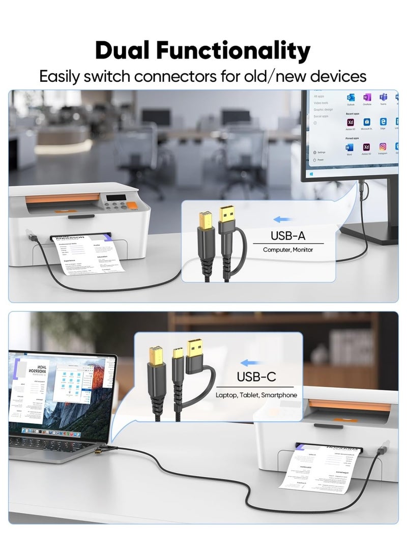 كازا كابل طابعة ثنائي في واحد USB B إلى USB C/A بطول 16.6 قدم، سلك طابعة عالي السرعة، كابل MIDI مضفر من النايلون، متوافق مع HP/Dell/Brother/Epson/Piano، الكمبيوتر، MacBook Pro/Air، iPad، وغيرها - Image 3