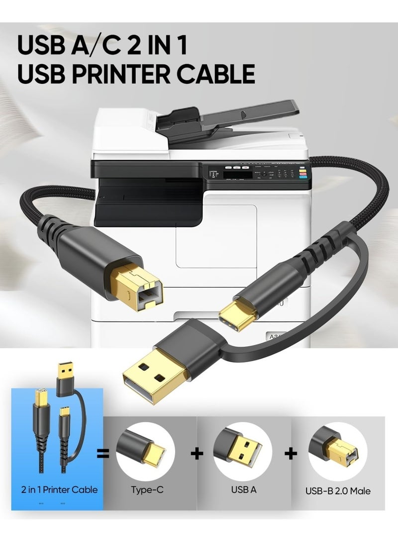 كازا كابل طابعة ثنائي في واحد USB B إلى USB C/A بطول 16.6 قدم، سلك طابعة عالي السرعة، كابل MIDI مضفر من النايلون، متوافق مع HP/Dell/Brother/Epson/Piano، الكمبيوتر، MacBook Pro/Air، iPad، وغيرها - Image 2