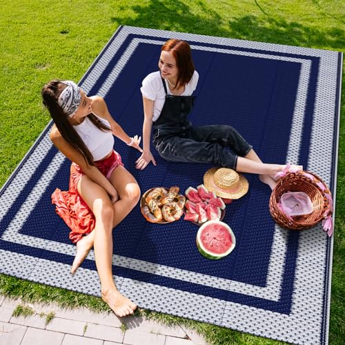 KMAT Outdoor Rug, Waterproof Reversible Patio Rugs, 5x8ft Large Outdoor Area Rug Foldable Plastic Camping Rugs for Outside RV, Patio,Picnic,Camper,Balcony,Porch (Blue &White) - Image 4