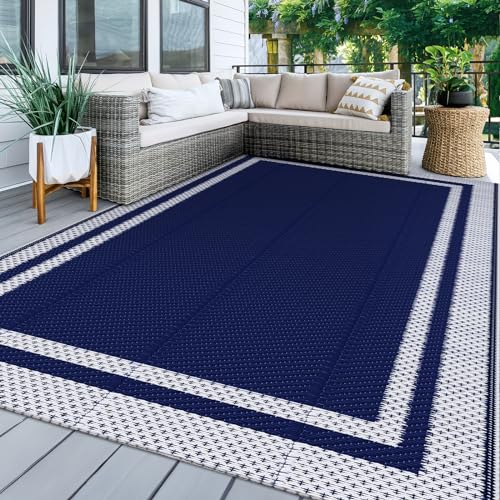KMAT Outdoor Rug, Waterproof Reversible Patio Rugs, 5x8ft Large Outdoor Area Rug Foldable Plastic Camping Rugs for Outside RV, Patio,Picnic,Camper,Balcony,Porch (Blue &White) - Image 1