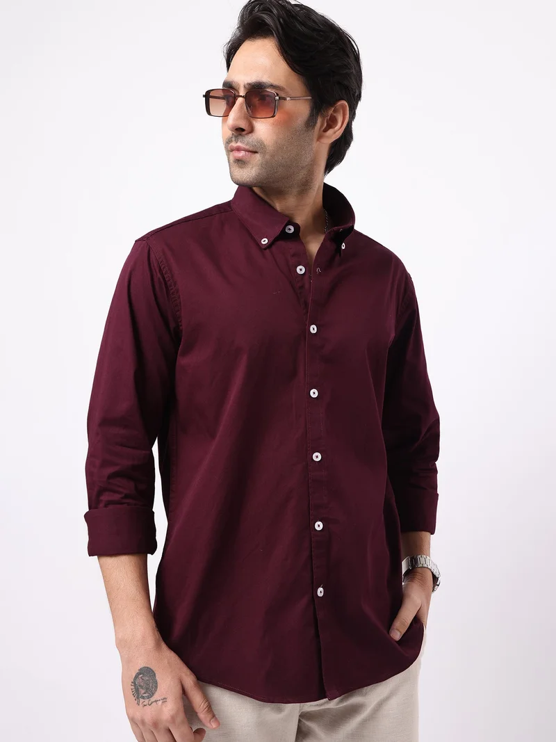 Maniac  Maniac Mens Solid Collared Neck Full Sleeve Soft Twill Fabric Maroon Shirt for Men | Best Price UAE