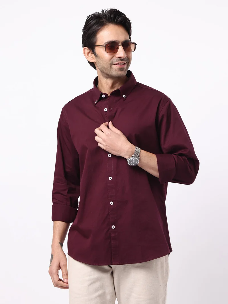 مانياك Maniac Mens Solid Collared Neck Full Sleeve Soft Twill Fabric Maroon Shirt