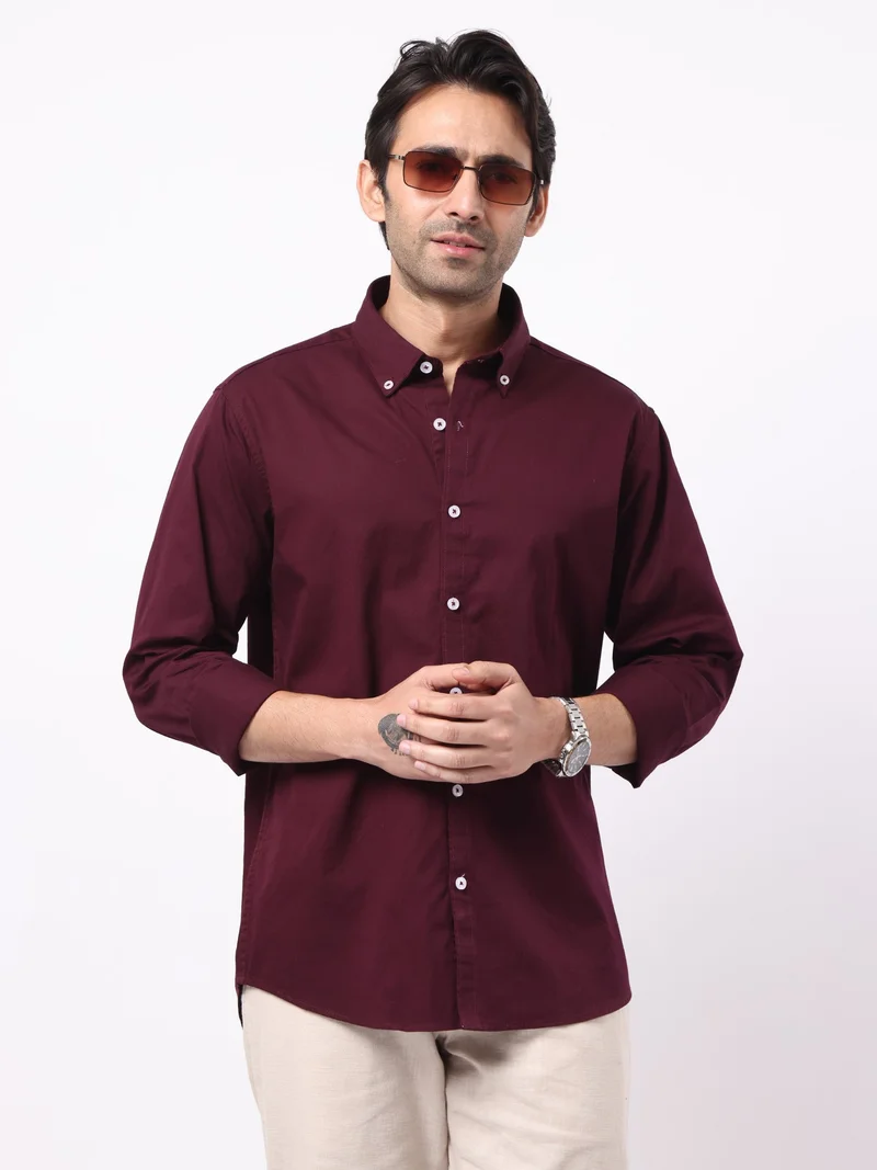مانياك Maniac Mens Solid Collared Neck Full Sleeve Soft Twill Fabric Maroon Shirt