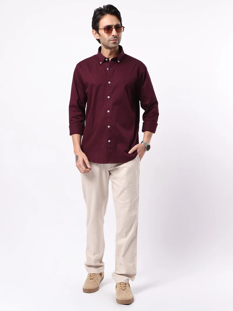 Maniac  Maniac Mens Solid Collared Neck Full Sleeve Soft Twill Fabric Maroon Shirt for Men | Best Price UAE