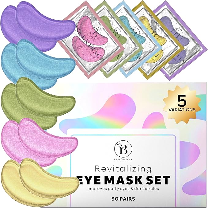 BLOOMORA Variety Box Under Eye Gel Patches 30 PAIRS Under Eye Patches for Puffy Eyes Dark Circles Hyaluronic Acid Collagen Gel Pads for Reducing Appearance of Puffiness Increased Hydration - Image 1