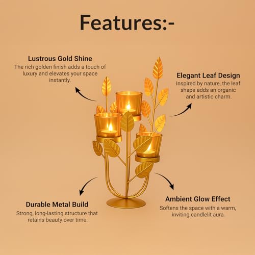 MARKET 99 Metal & Glass 3-Votive Leaf-Shaped T-Light Holder | Romantic Golden Candle Stand for Valentine’s Day Décor & Gifts | Decorative Centerpiece for Home, Table, Diwali, Wedding & Festive Use - Image 2