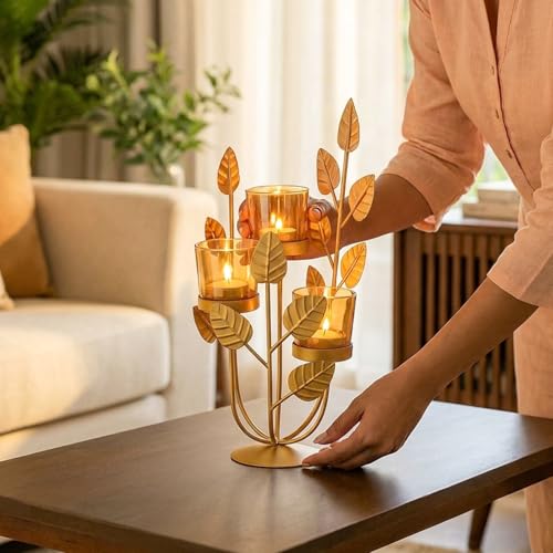 MARKET 99 Metal & Glass 3-Votive Leaf-Shaped T-Light Holder | Romantic Golden Candle Stand for Valentine’s Day Décor & Gifts | Decorative Centerpiece for Home, Table, Diwali, Wedding & Festive Use - Image 3