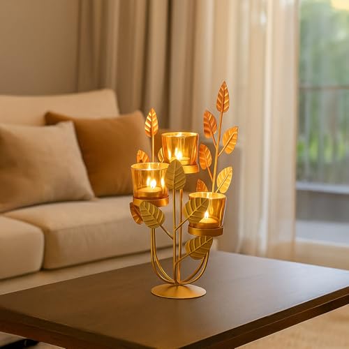 MARKET 99 Metal & Glass 3-Votive Leaf-Shaped T-Light Holder | Romantic Golden Candle Stand for Valentine’s Day Décor & Gifts | Decorative Centerpiece for Home, Table, Diwali, Wedding & Festive Use - Image 1