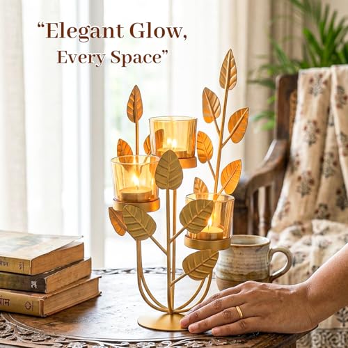 MARKET 99 Metal & Glass 3-Votive Leaf-Shaped T-Light Holder | Romantic Golden Candle Stand for Valentine’s Day Décor & Gifts | Decorative Centerpiece for Home, Table, Diwali, Wedding & Festive Use - Image 5