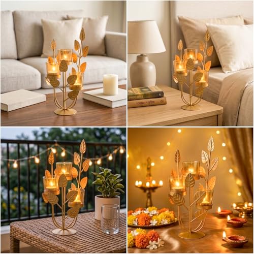 MARKET 99 Metal & Glass 3-Votive Leaf-Shaped T-Light Holder | Romantic Golden Candle Stand for Valentine’s Day Décor & Gifts | Decorative Centerpiece for Home, Table, Diwali, Wedding & Festive Use - Image 4