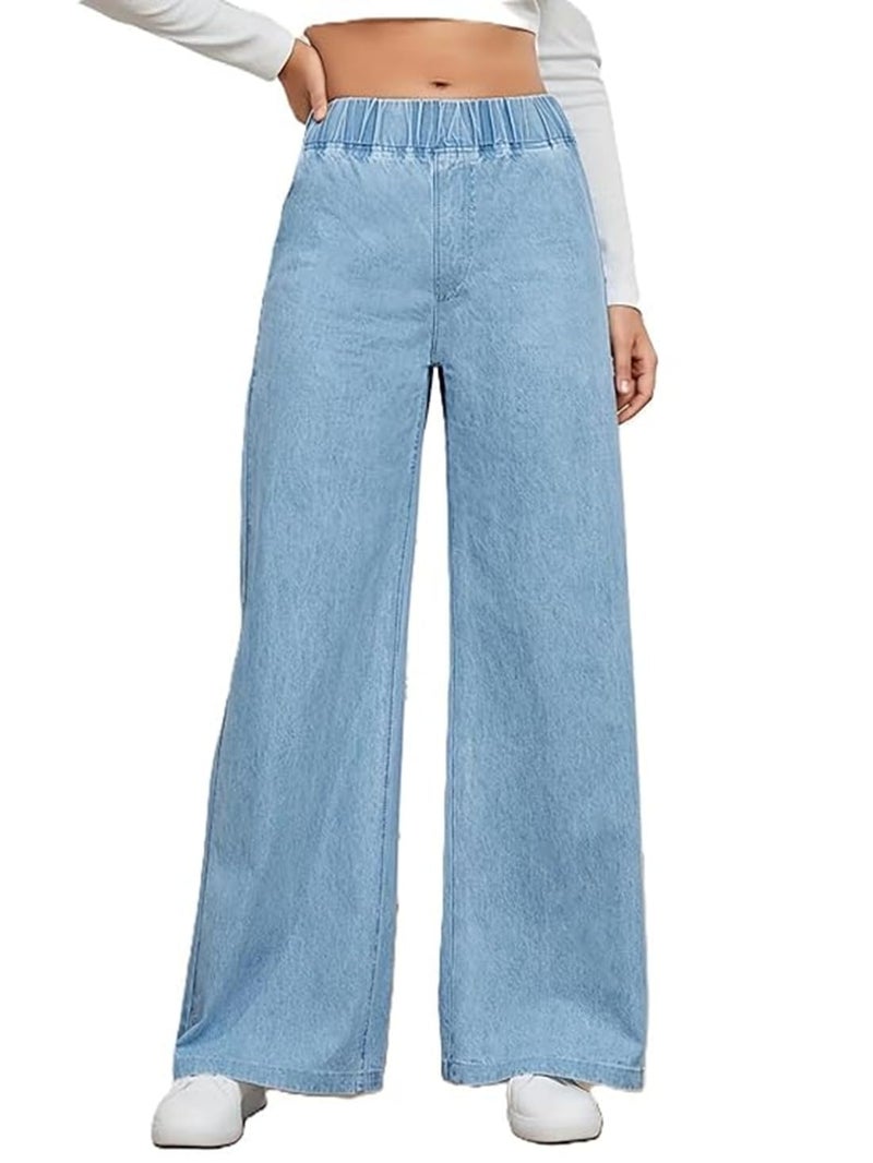 ADBUCKS Women's Stretch Denim Wide Leg Jeans Comfort Fit with Elastic Waistband, Straight Cut, Casual Style for All Seasons, Versatile Clothing (in, Numeric, 28, Light Blue) - Image 1
