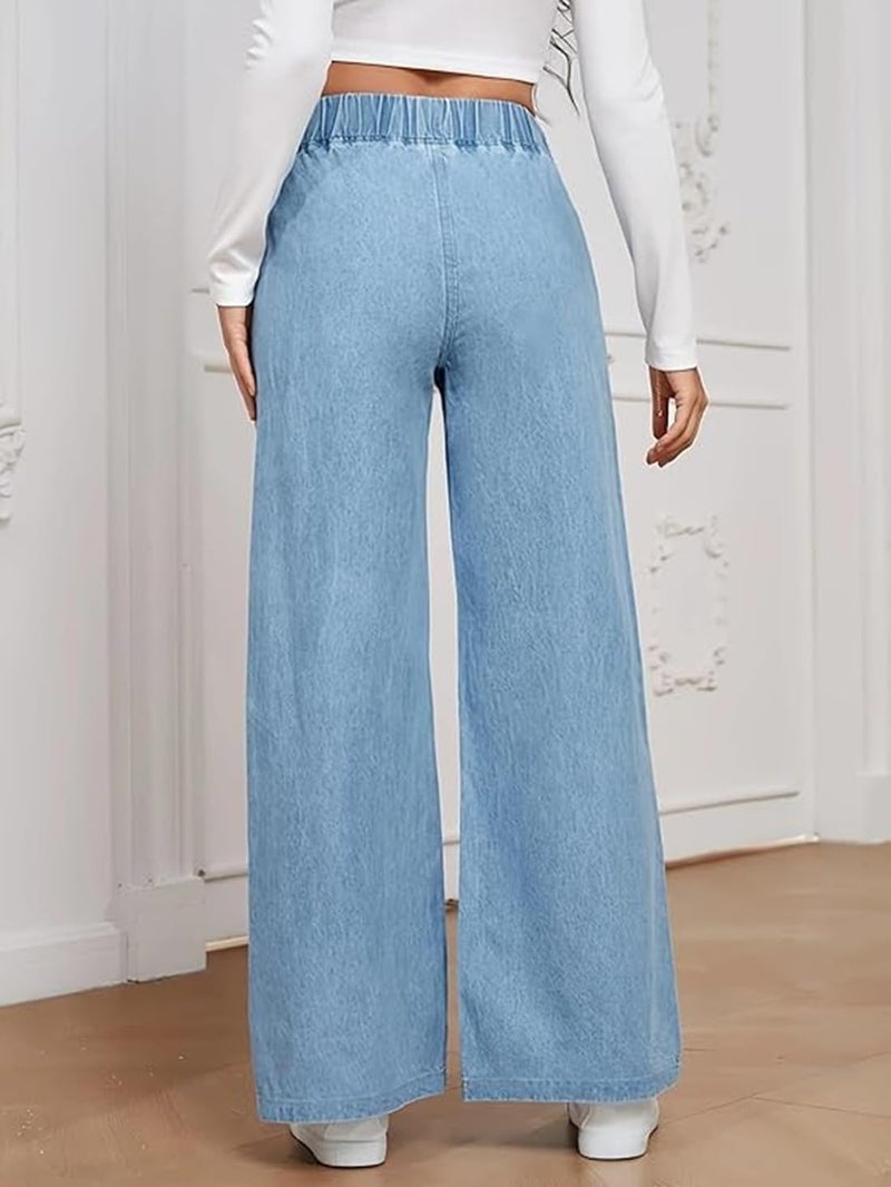 ADBUCKS Women's Stretch Denim Wide Leg Jeans Comfort Fit with Elastic Waistband, Straight Cut, Casual Style for All Seasons, Versatile Clothing (in, Numeric, 28, Light Blue) - Image 4