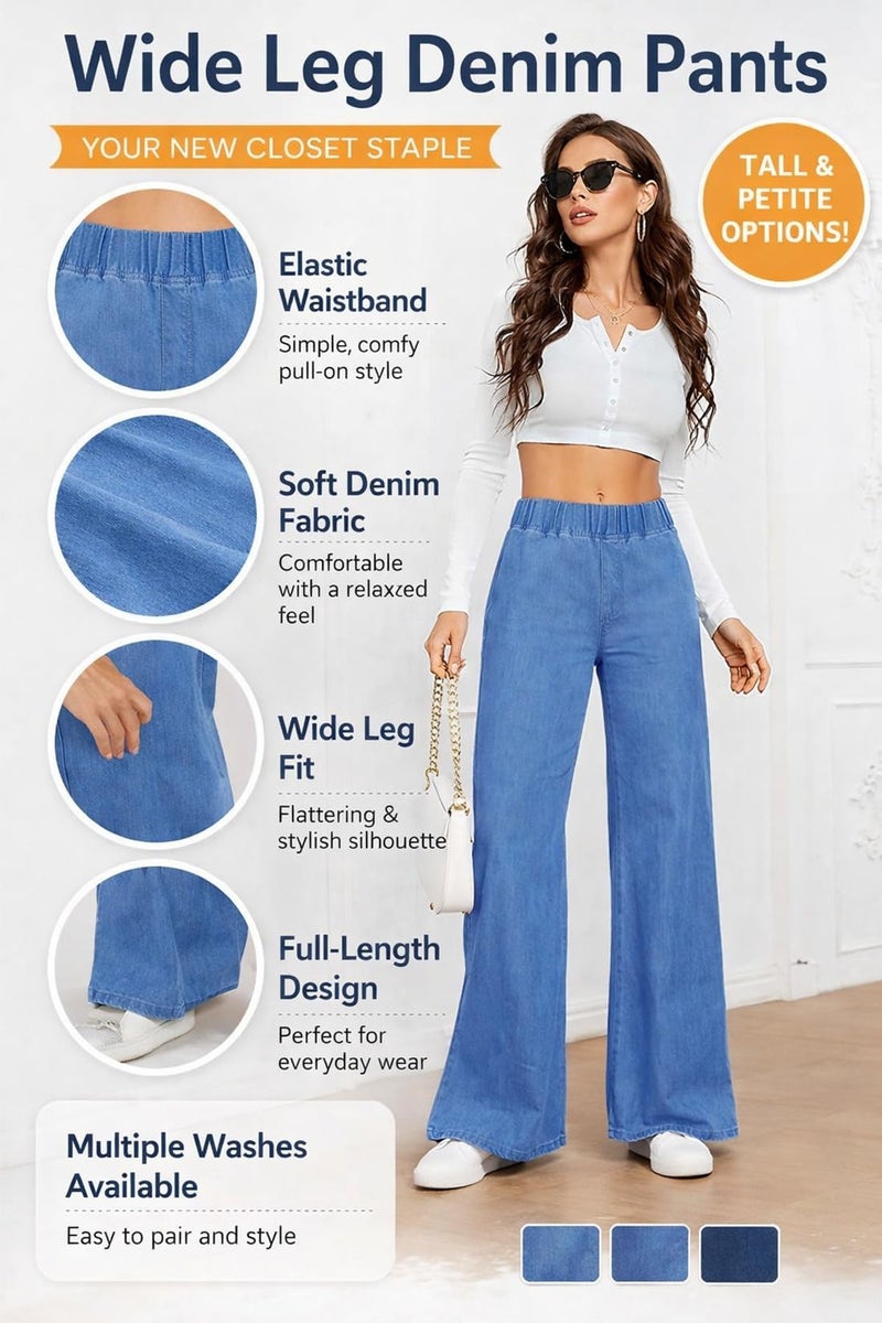 ADBUCKS Women's Stretch Denim Wide Leg Jeans Comfort Fit with Elastic Waistband, Straight Cut, Casual Style for All Seasons, Versatile Clothing (in, Numeric, 28, Light Blue) - Image 3