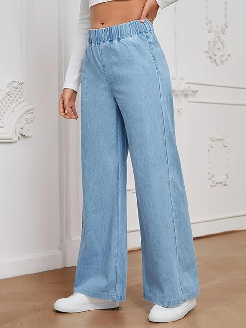 ADBUCKS Women's Stretch Denim Wide Leg Jeans Comfort Fit with Elastic Waistband, Straight Cut, Casual Style for All Seasons, Versatile Clothing (in, Numeric, 28, Light Blue) - Image 2